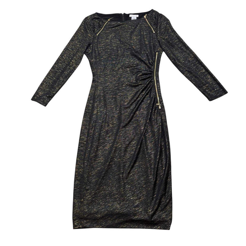 Ladies Cache Brand Black and Gold Long Sleeve Cocktail Dress Size Small